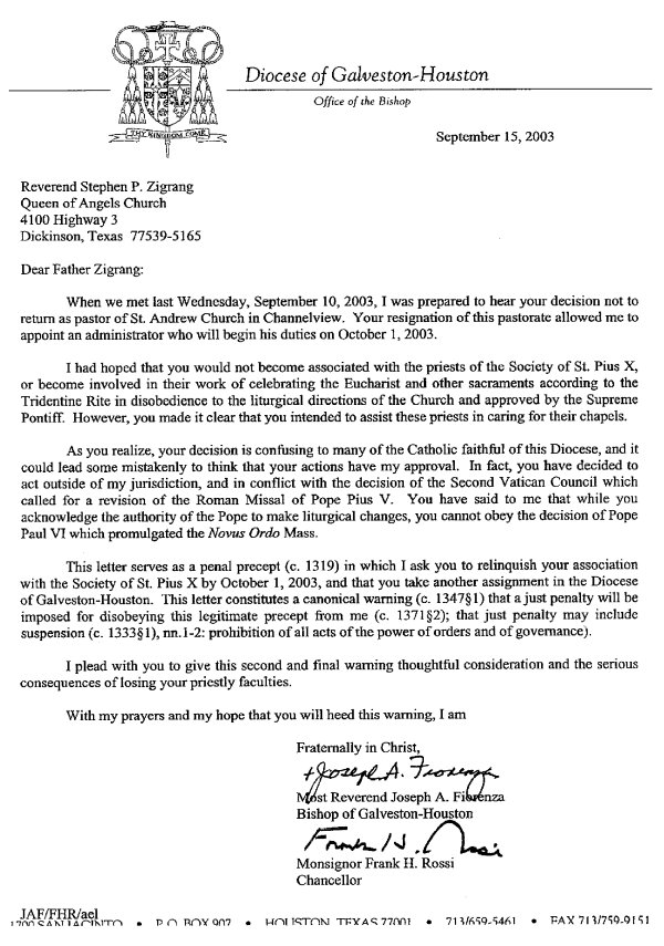 Bishop Fiorenza's Fax to Fr. Zigrang